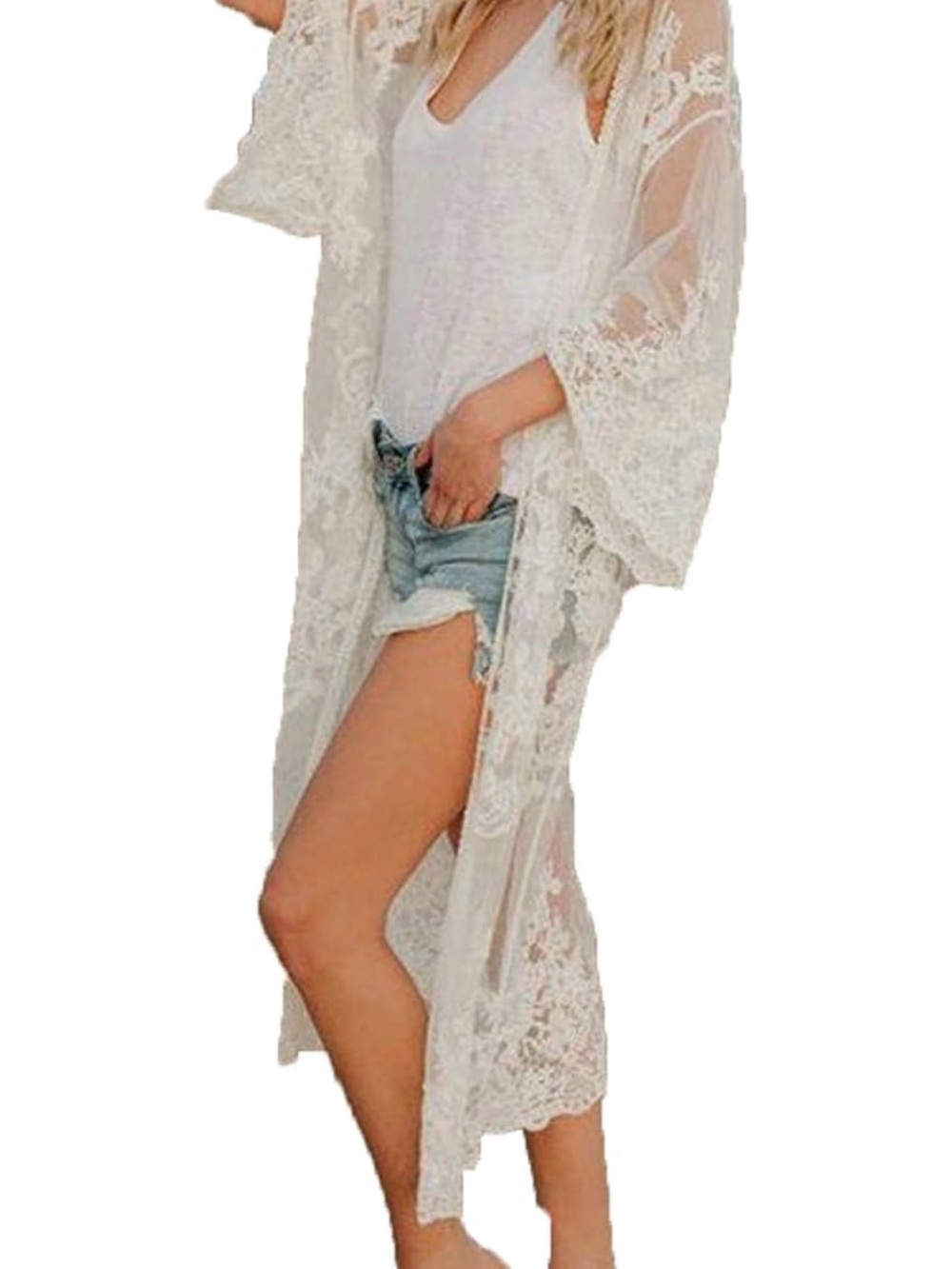 Sheer White Lace Long Swim Coverup Kimono